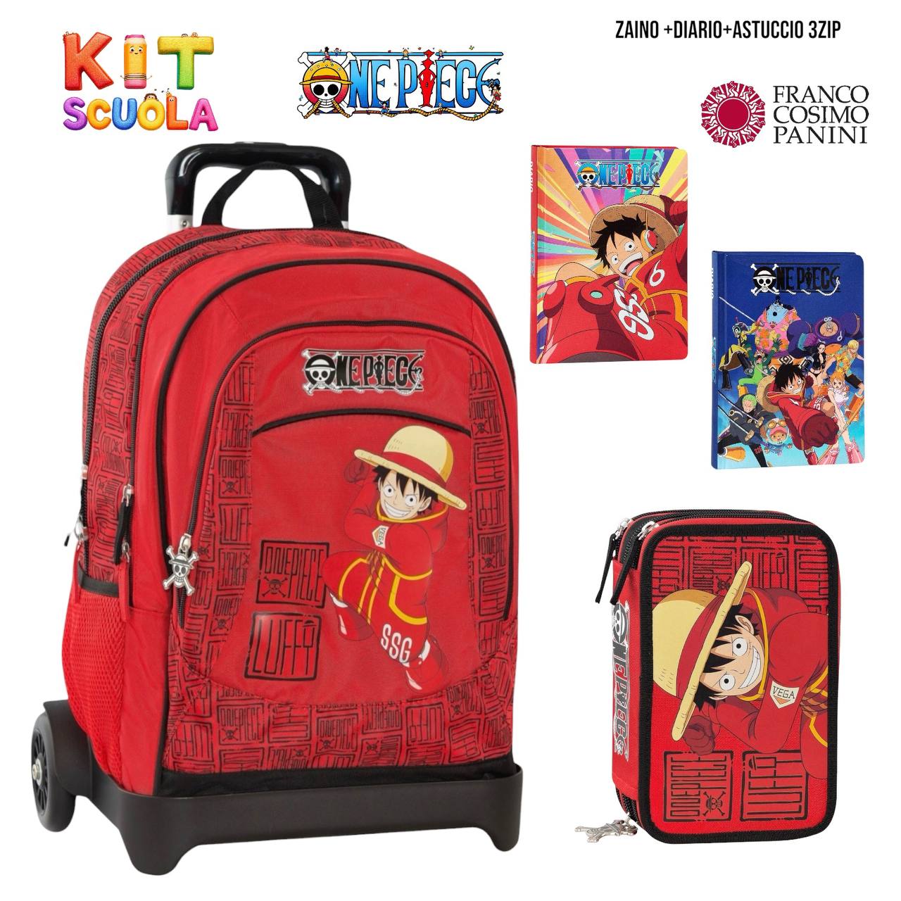 Kit Scuola Completo One Piece – Zaino (o Trolley) + Diario + Astuccio 3 Zip | Franco Cosimo Panini