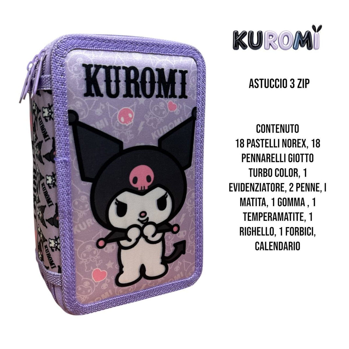 Astuccio 3 Zip Completo Kuromi Sanrio - Scuola e Cancelleria