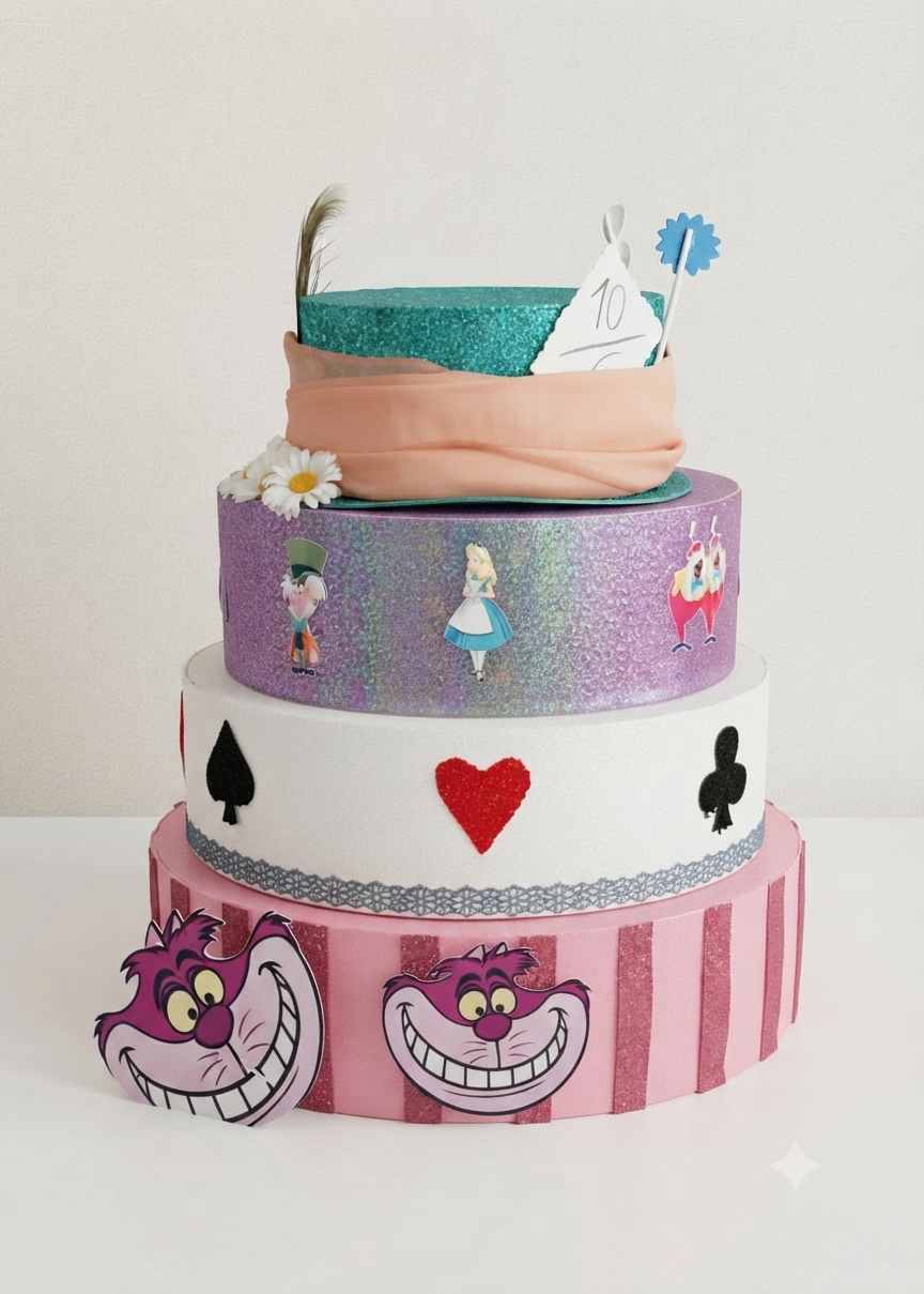 Torta Scenografica in Gomma EVA a Tema "Alice nel Paese delle Meraviglie" - Artigianale e Personalizzabile