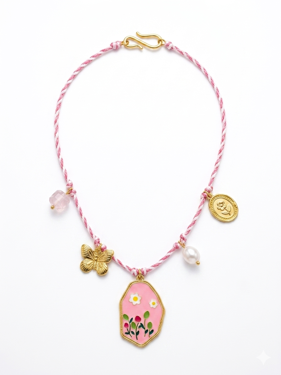 Collana Boho "Prato in Fiore" – Cordoncino Intrecciato e Charm Smaltati