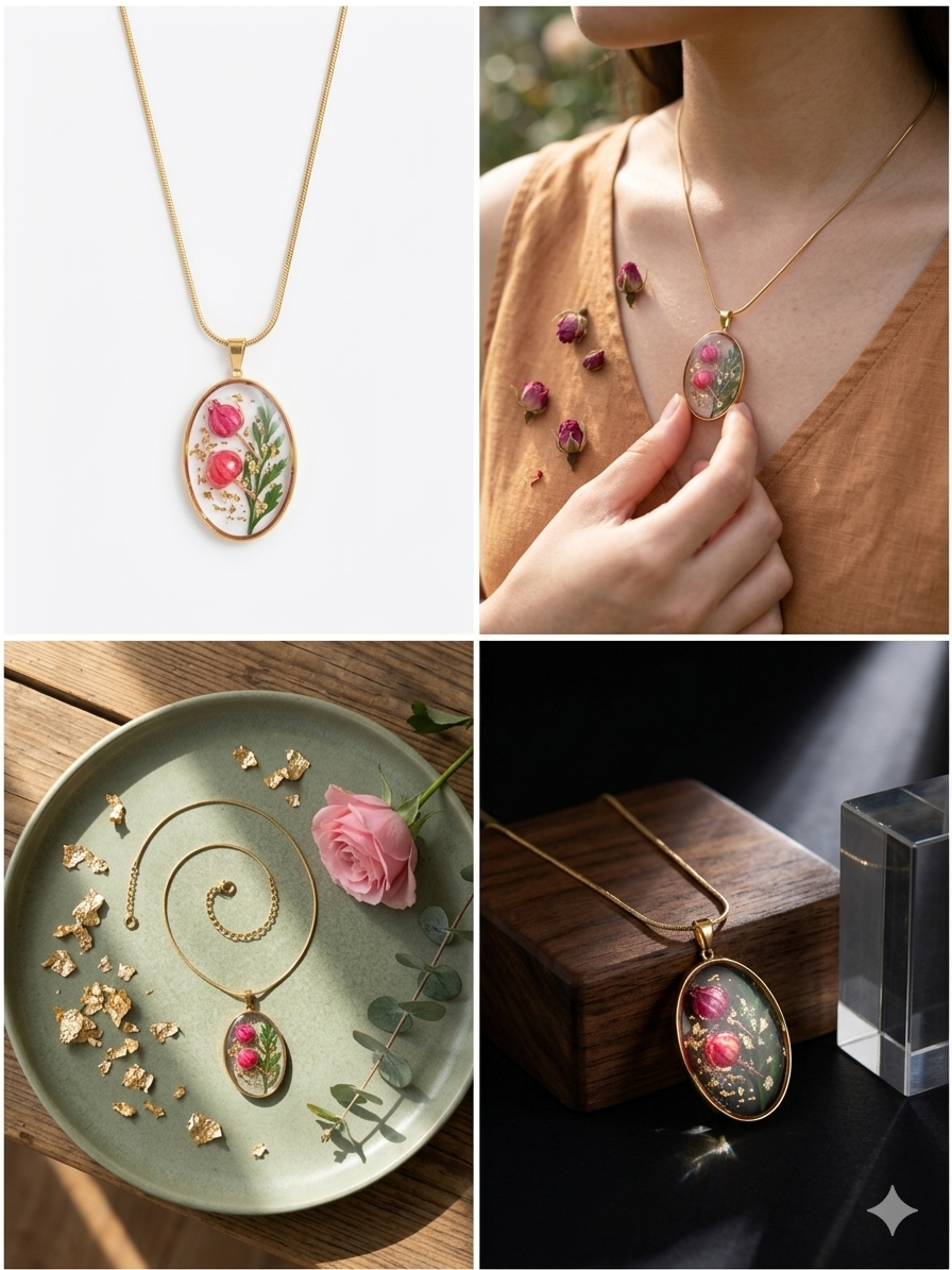 Collana Medaglione Botanico "Rosa Eterna" – Fiori in Resina e Foglia d'Oro