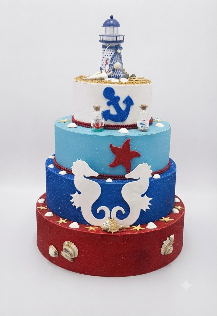Torta Finta Scenografica a 4 Piani in Gomma EVA - Tema Marinaresco con Faro, Ancore e Cavallucci Marini