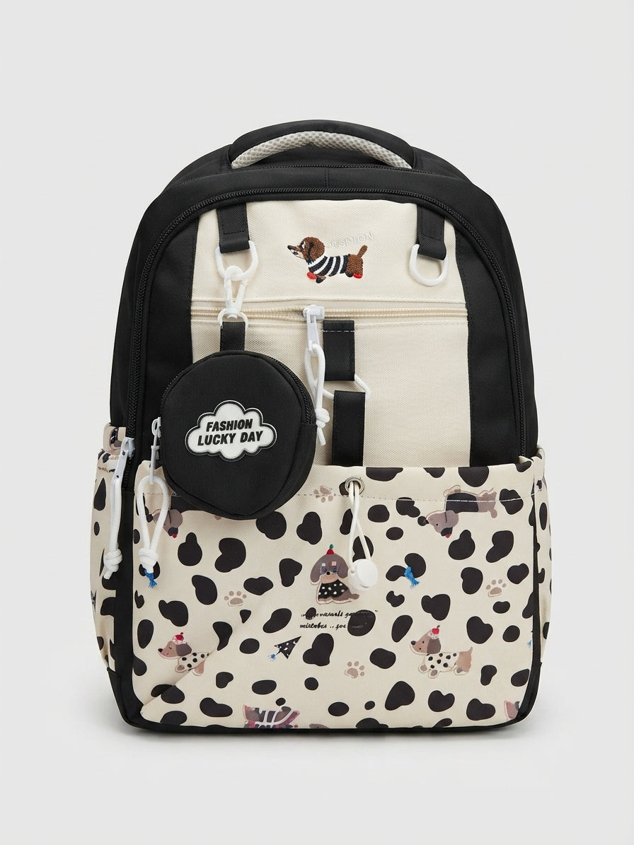 Zainetto Casual Nero e Avorio con Stampa Cagnolini, Toppa Bassotto e Borsellino "Fashion Lucky Day"