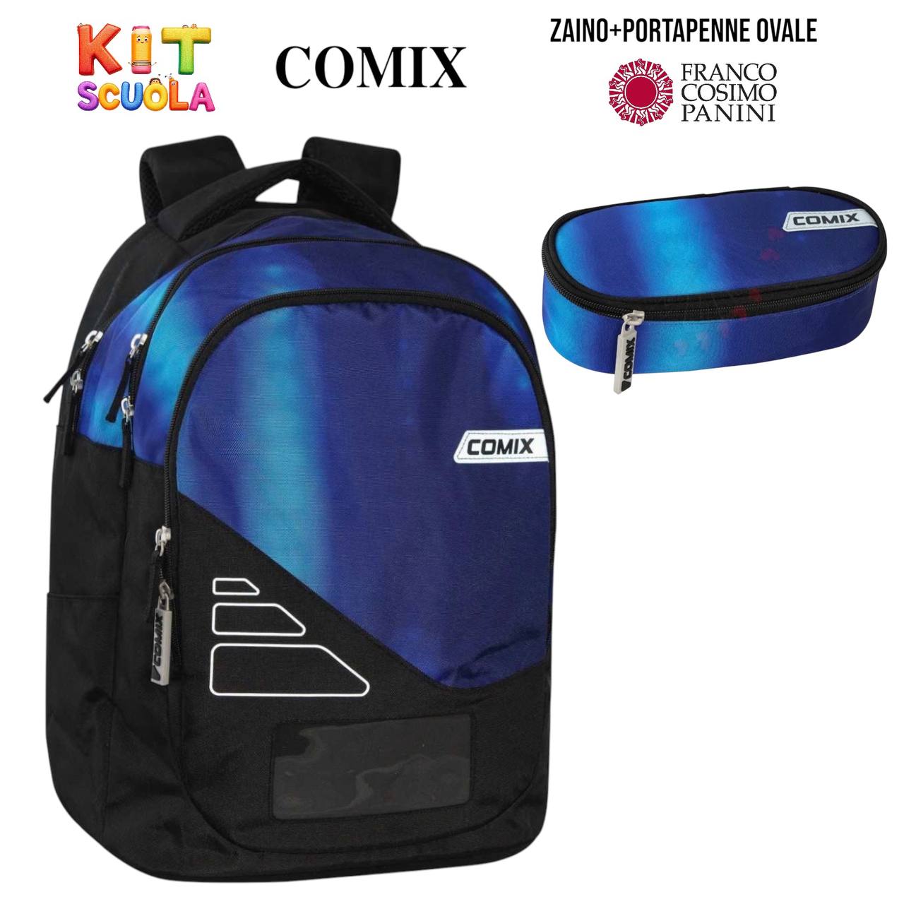 Kit Scuola Comix Franco Cosimo Panini – Zaino Organizzato e Portapenne Ovale Coordinato (Blu/Nero)