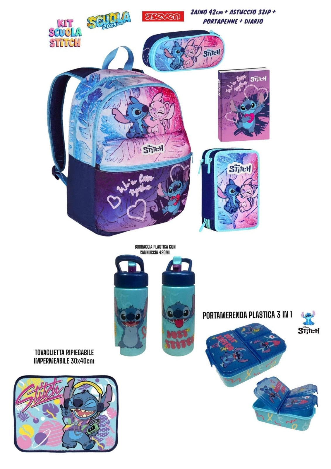 Zaino Estensibile Scuola Disney Lilo & Stitch + Astuccio 3 zip Completo - 2025