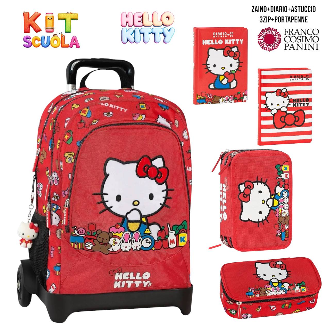 Kit Scuola Completo Hello Kitty – Zaino (o Trolley) + Diario + Astuccio 3 Zip / Portapenne | Franco Cosimo Panini