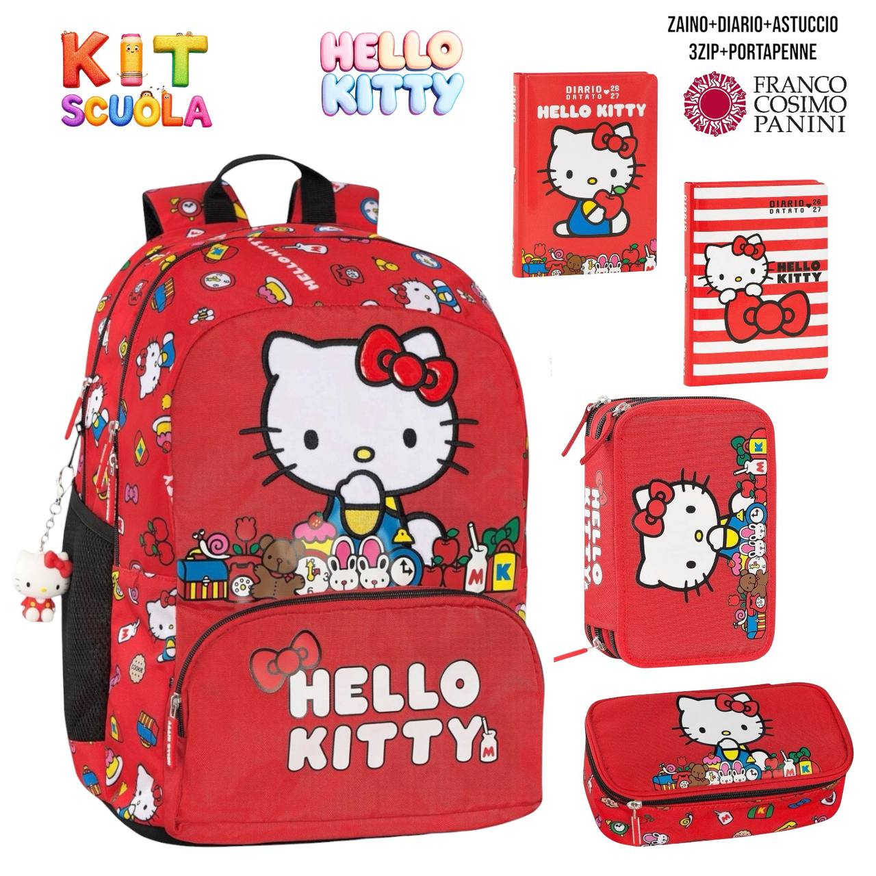 Kit Scuola Completo Hello Kitty – Zaino (o Trolley) + Diario + Astuccio 3 Zip / Portapenne | Franco Cosimo Panini