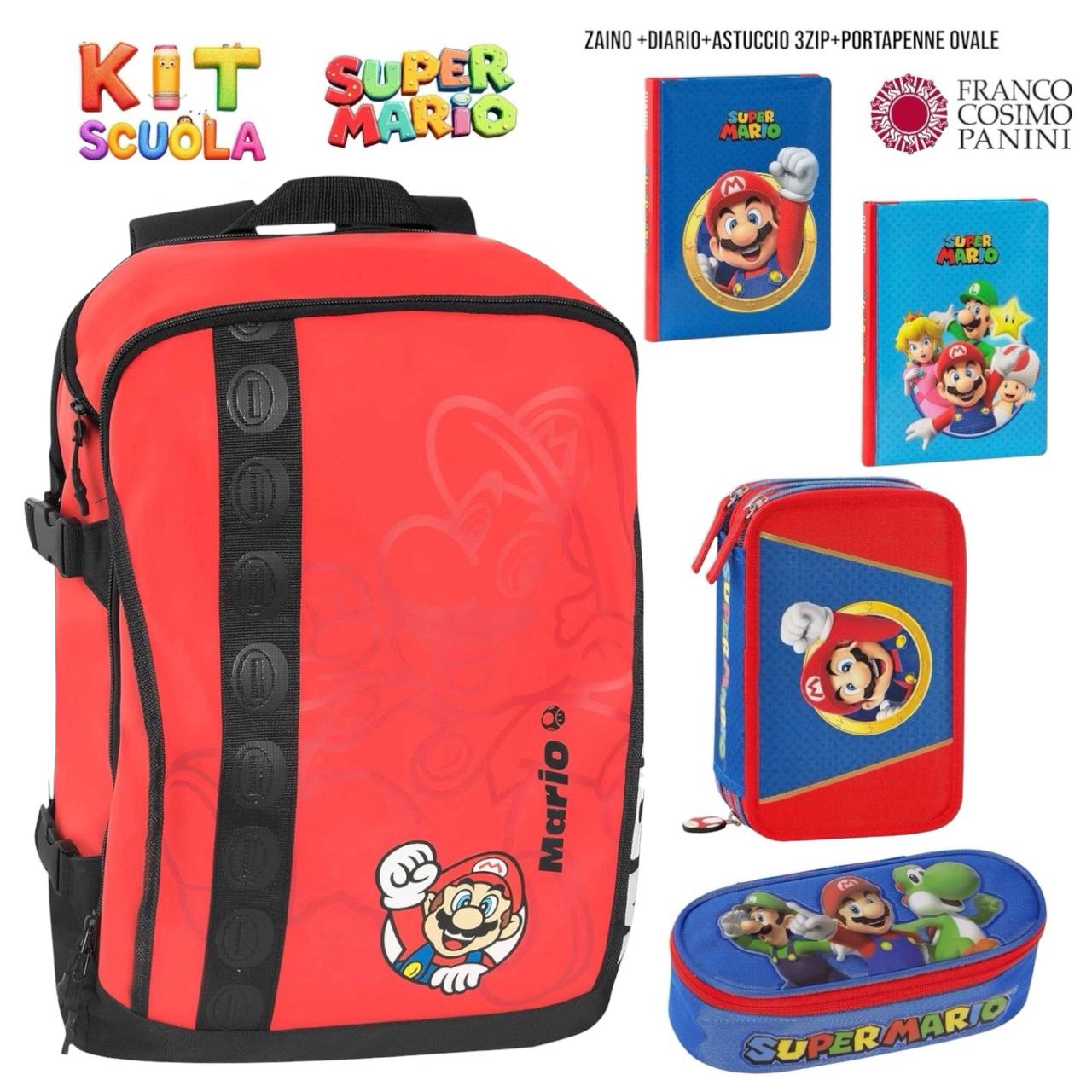 Kit Scuola Completo Super Mario / Mario Kart – Zaino (o Trolley) + Diario + Astuccio 3 Zip + Portapenne Ovale | Franco Cosimo Panini