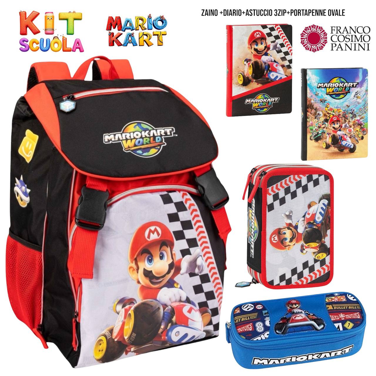 Kit Scuola Completo Super Mario / Mario Kart – Zaino (o Trolley) + Diario + Astuccio 3 Zip + Portapenne Ovale | Franco Cosimo Panini