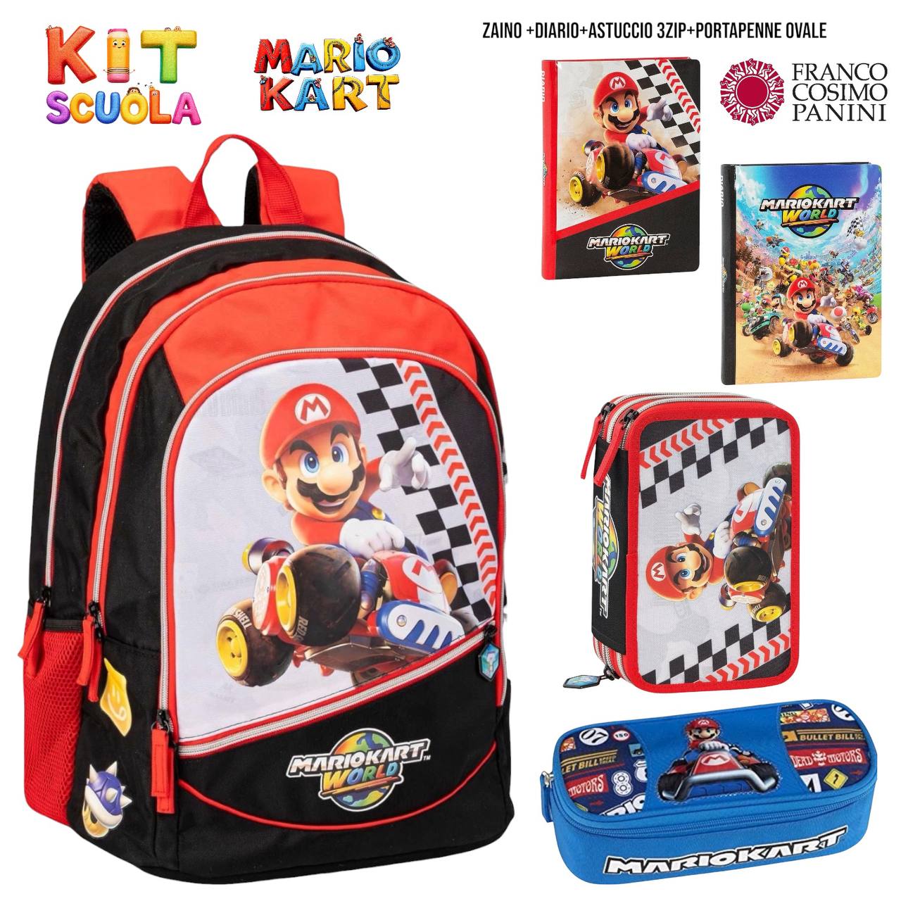 Kit Scuola Completo Super Mario / Mario Kart – Zaino (o Trolley) + Diario + Astuccio 3 Zip + Portapenne Ovale | Franco Cosimo Panini