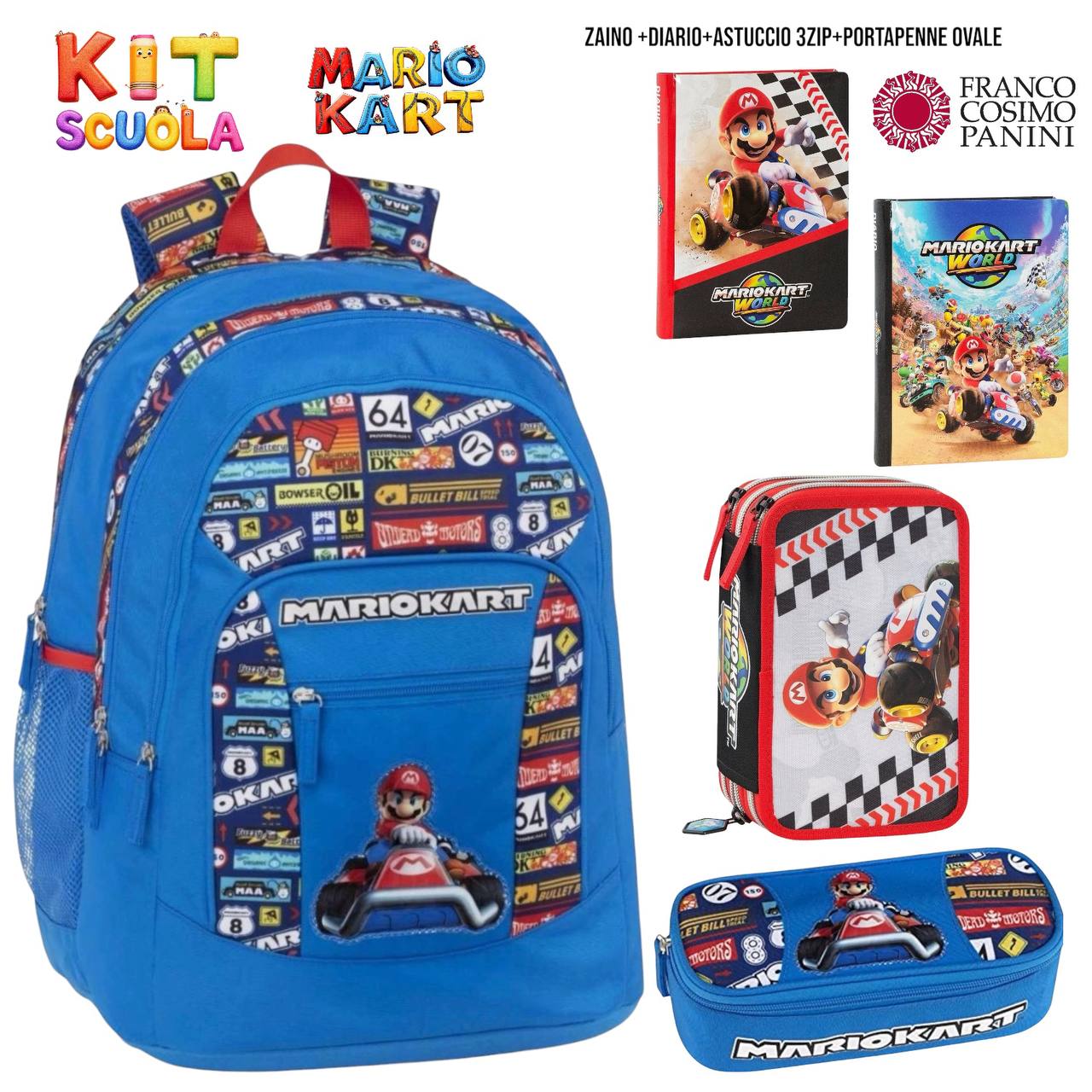 Kit Scuola Completo Super Mario / Mario Kart – Zaino (o Trolley) + Diario + Astuccio 3 Zip + Portapenne Ovale | Franco Cosimo Panini