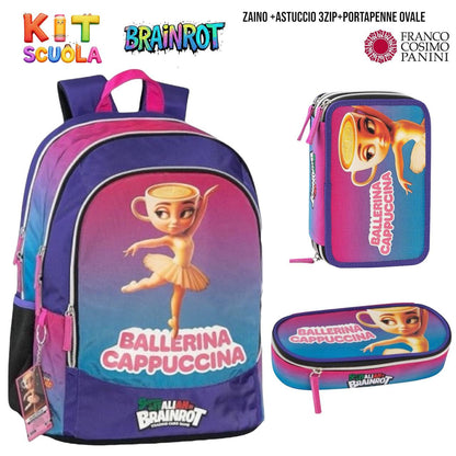 Kit Scuola Completo Brainrot (Ballerina Cappuccina / Capuchino Assassino / Tung Tung Tung Sahur) – Zaino + Astuccio 3 Zip + Portapenne Ovale | Franco Cosimo Panini