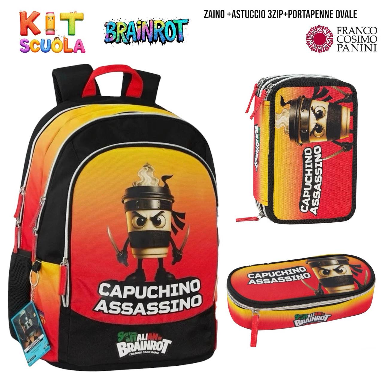 Kit Scuola Completo Brainrot (Ballerina Cappuccina / Capuchino Assassino / Tung Tung Tung Sahur) – Zaino + Astuccio 3 Zip + Portapenne Ovale | Franco Cosimo Panini