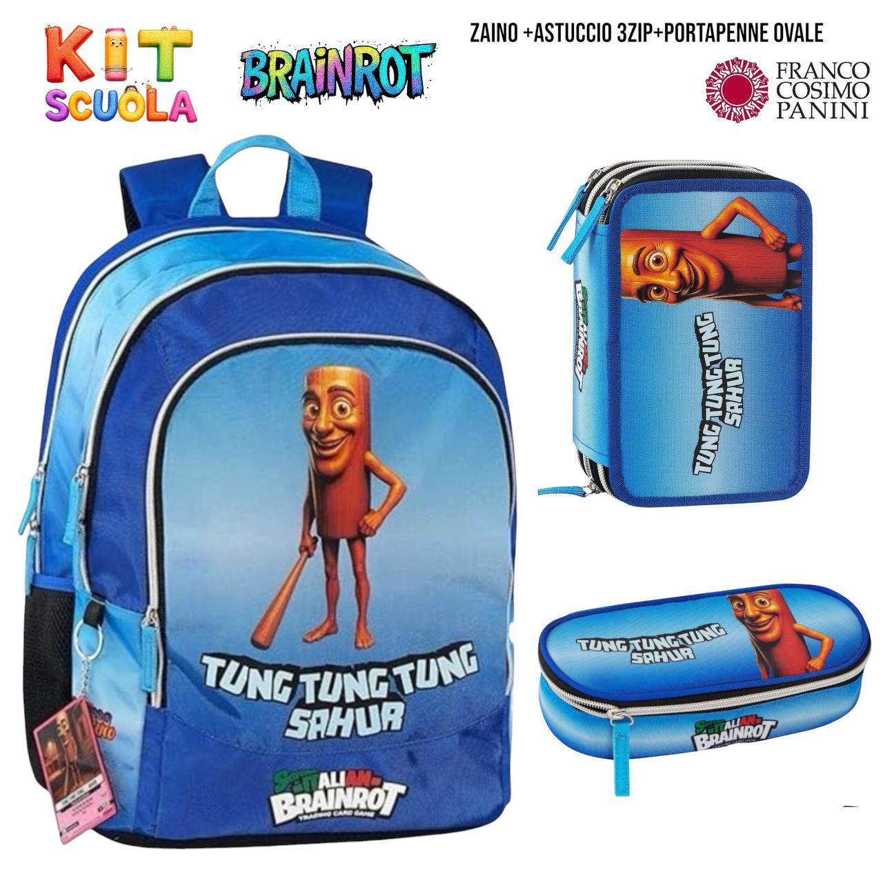 Kit Scuola Completo Brainrot (Ballerina Cappuccina / Capuchino Assassino / Tung Tung Tung Sahur) – Zaino + Astuccio 3 Zip + Portapenne Ovale | Franco Cosimo Panini