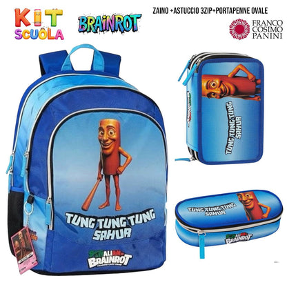 Kit Scuola Completo Brainrot (Ballerina Cappuccina / Capuchino Assassino / Tung Tung Tung Sahur) – Zaino + Astuccio 3 Zip + Portapenne Ovale | Franco Cosimo Panini