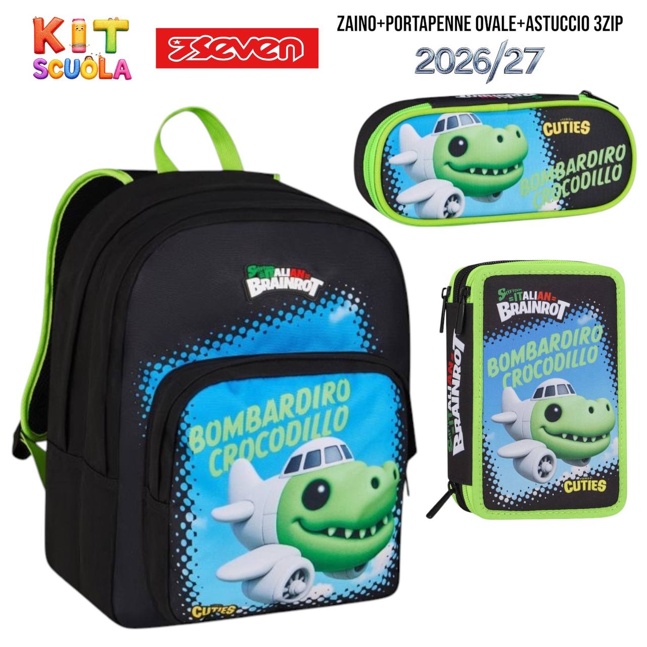 Kit Scuola Completo Brainrot (Ballerina Cappuccina / Capuchino Assassino / Tung Tung Tung Sahur) – Zaino + Astuccio 3 Zip + Portapenne Ovale | Franco Cosimo Panini