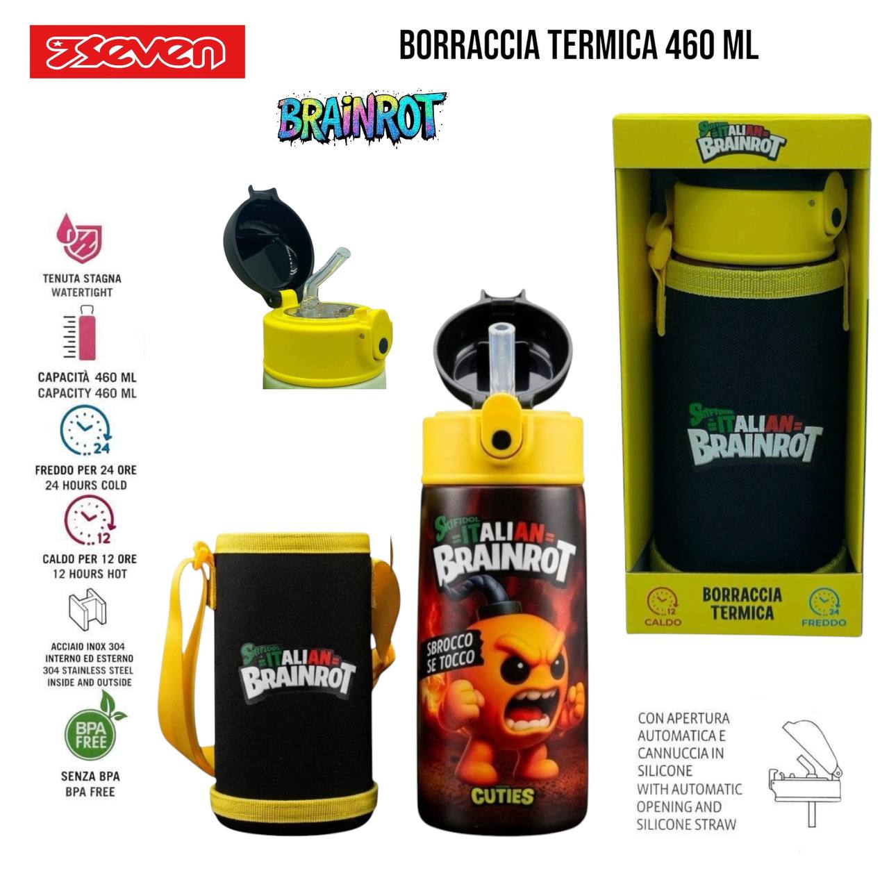 Borraccia Termica 460 ml Brainrot (Skifidol Cuties) – Acciaio Inox con Custodia e Tracolla | Seven