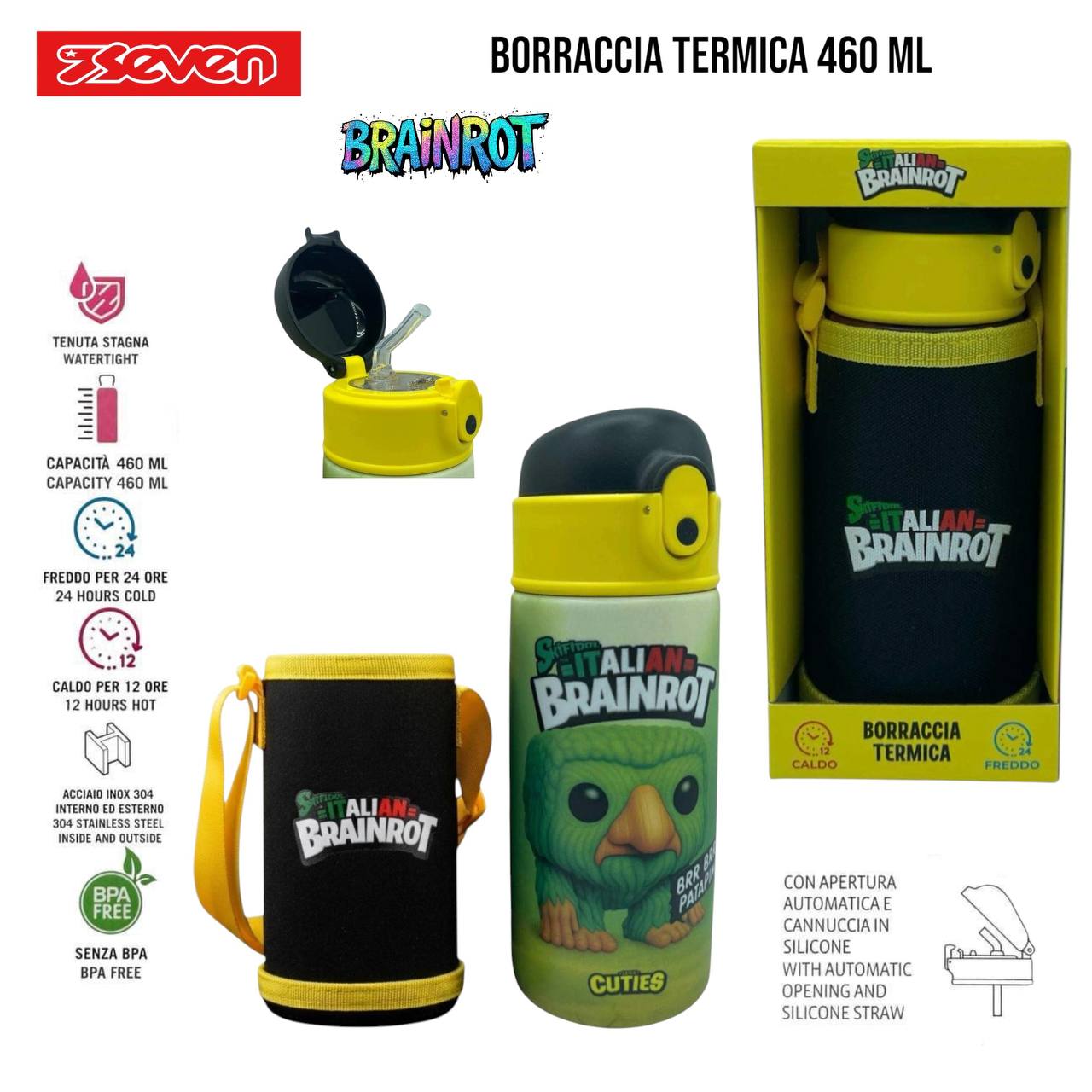 Borraccia Termica 460 ml Brainrot (Skifidol Cuties) – Acciaio Inox con Custodia e Tracolla | Seven