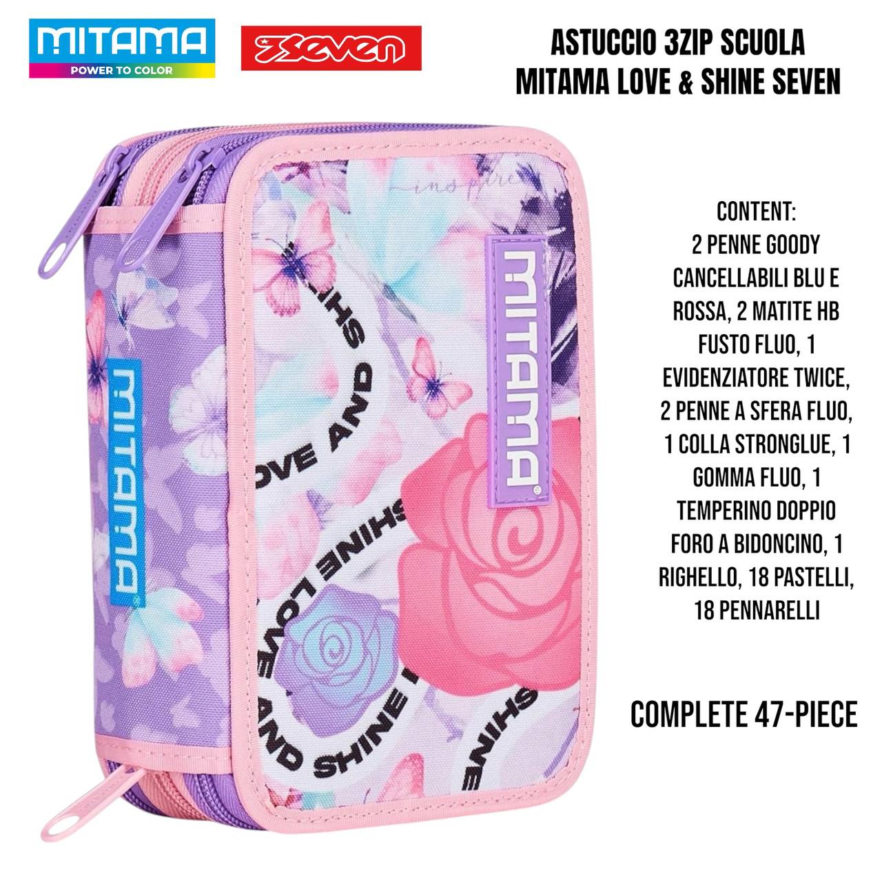 Astuccio Scuola 3 Zip Completo Mitama / Seven - Fantasie Assortite (47-50 Pezzi)