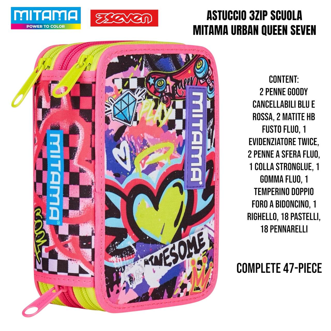 Astuccio Scuola 3 Zip Completo Mitama / Seven - Fantasie Assortite (47-50 Pezzi)