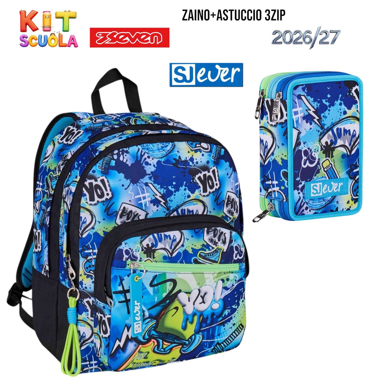 Kit Scuola Seven SJ Gang - Zaino e Astuccio 3 Zip Collezioni Assortite