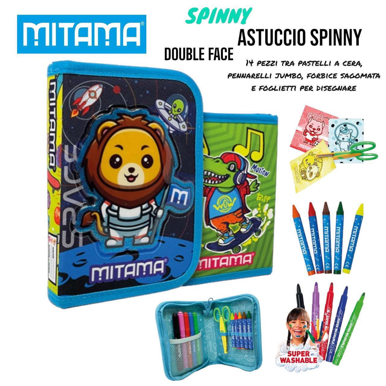 Astuccio Scuola Double Face Mitama "Spinny" 2 in 1 - Completo 14 Pezzi