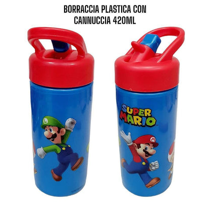 Borraccia per Bambini in Plastica 420 ml con Cannucca e Tappo Sport - Personaggi Assortiti (Disney, Marvel, Nintendo)