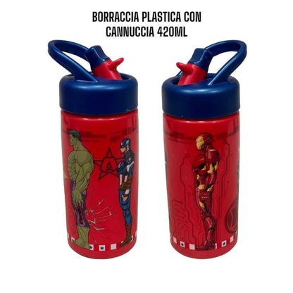 Borraccia per Bambini in Plastica 420 ml con Cannucca e Tappo Sport - Personaggi Assortiti (Disney, Marvel, Nintendo)