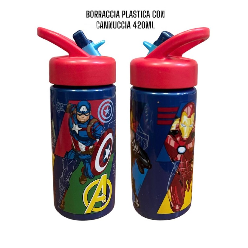 Borraccia per Bambini in Plastica 420 ml con Cannucca e Tappo Sport - Personaggi Assortiti (Disney, Marvel, Nintendo)