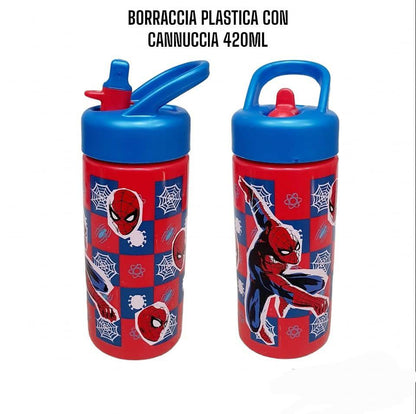 Borraccia per Bambini in Plastica 420 ml con Cannucca e Tappo Sport - Personaggi Assortiti (Disney, Marvel, Nintendo)