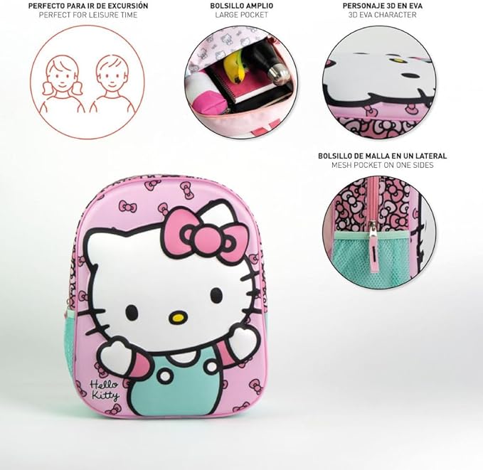 Zaino asilo Hello Kitty borsa con immagini in rilievo scuola passeggio accessorio per bambini 32 cm