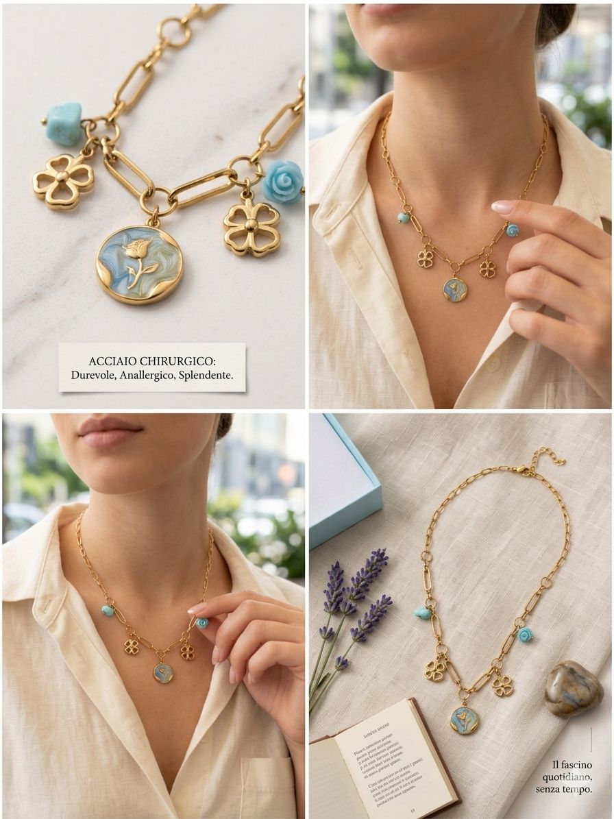 Collana "The Azure Blossom" – Maglia Link con Pietra Turchese e Rosa Azzurra