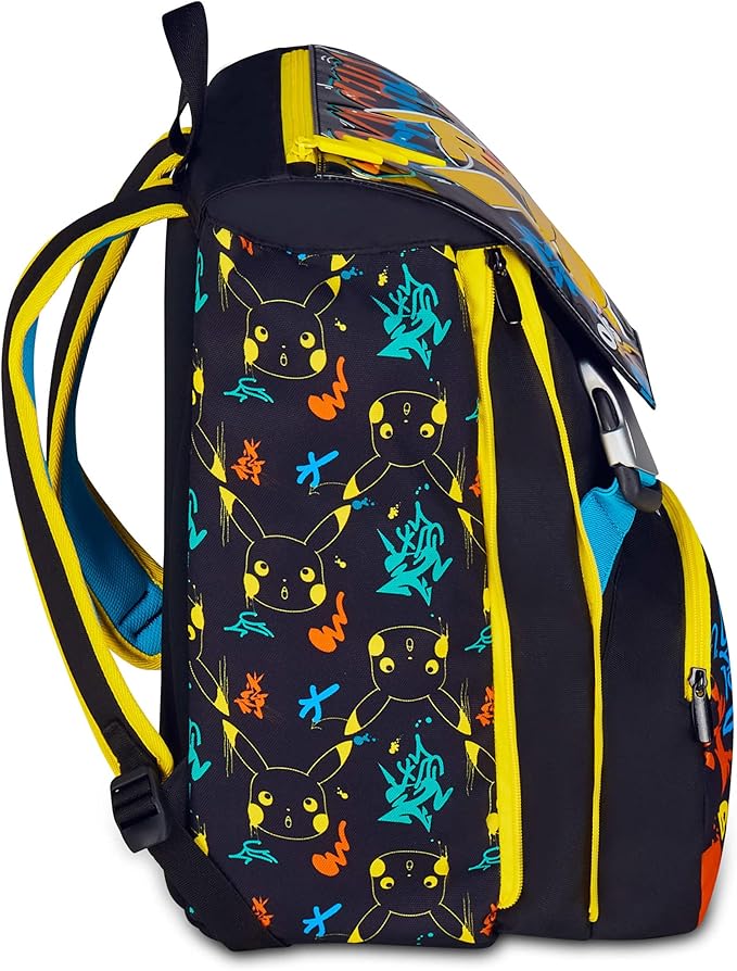 Seven Zaino Pokemon Doppio Scomparto Estensibile, Nero, Maxi Capienza, Schienale Preformato, Bambino, Scuola Elementare