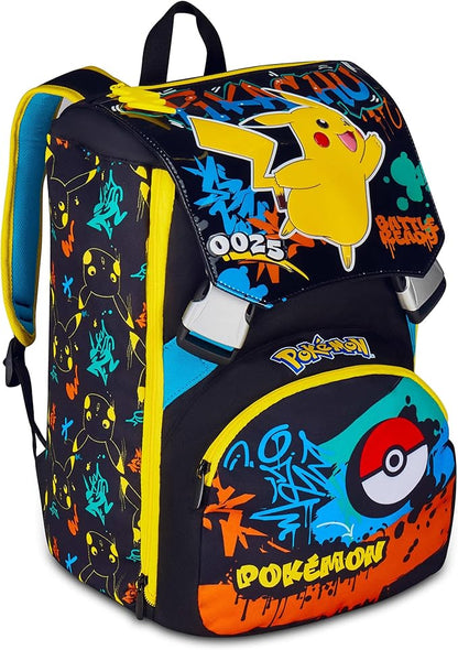 Seven Zaino Pokemon Doppio Scomparto Estensibile, Nero, Maxi Capienza, Schienale Preformato, Bambino, Scuola Elementare