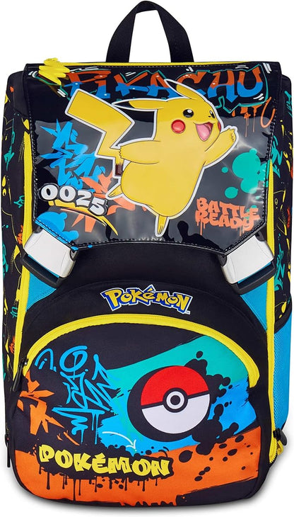 Seven Zaino Pokemon Doppio Scomparto Estensibile, Nero, Maxi Capienza, Schienale Preformato, Bambino, Scuola Elementare