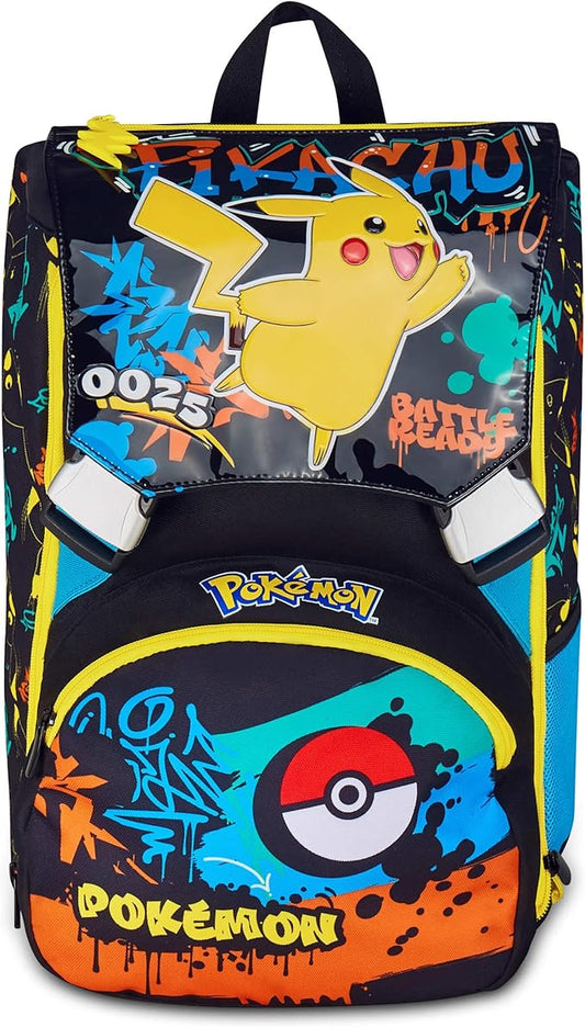 Seven Zaino Pokemon Doppio Scomparto Estensibile, Nero, Maxi Capienza, Schienale Preformato, Bambino, Scuola Elementare