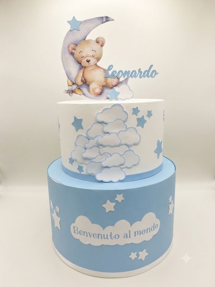 Torta Scenografica in cartoncino a Tema Orsetto sulla Luna - Nascita / Battesimo Personalizzabile