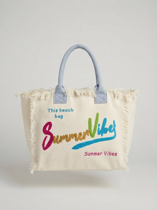 Borsa Tote / Shopper in Tela con Bordi Frangiati e Ricamo Colorato "Summer Vibes"