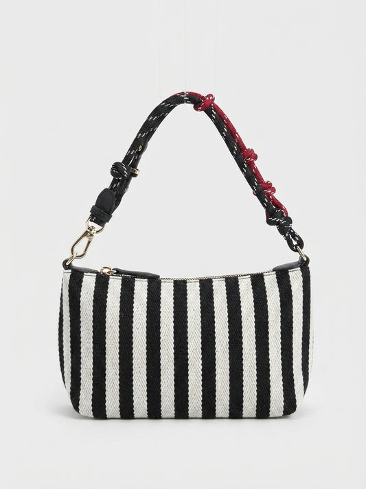 Borsa a Spalla / Pochette Rigida a Righe Verticali in Tessuto con Tracolla Annodata e Dettagli a Catena