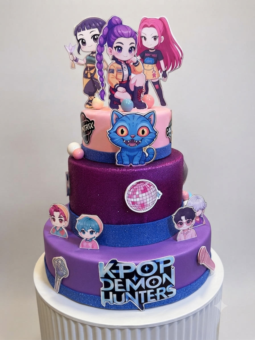 Torta Scenografica Falsa "K-Pop Demon Hunters" – Tre Piani, Stile Glam e Iconico