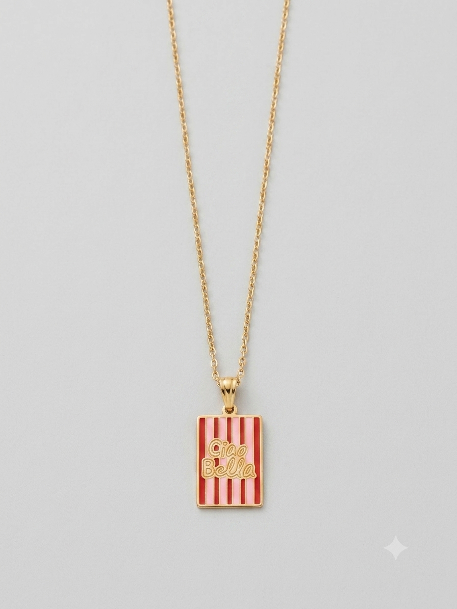 Collana Rettangolare "Ciao Bella" – Pendente Dorato a Righe Rosa e Rosse