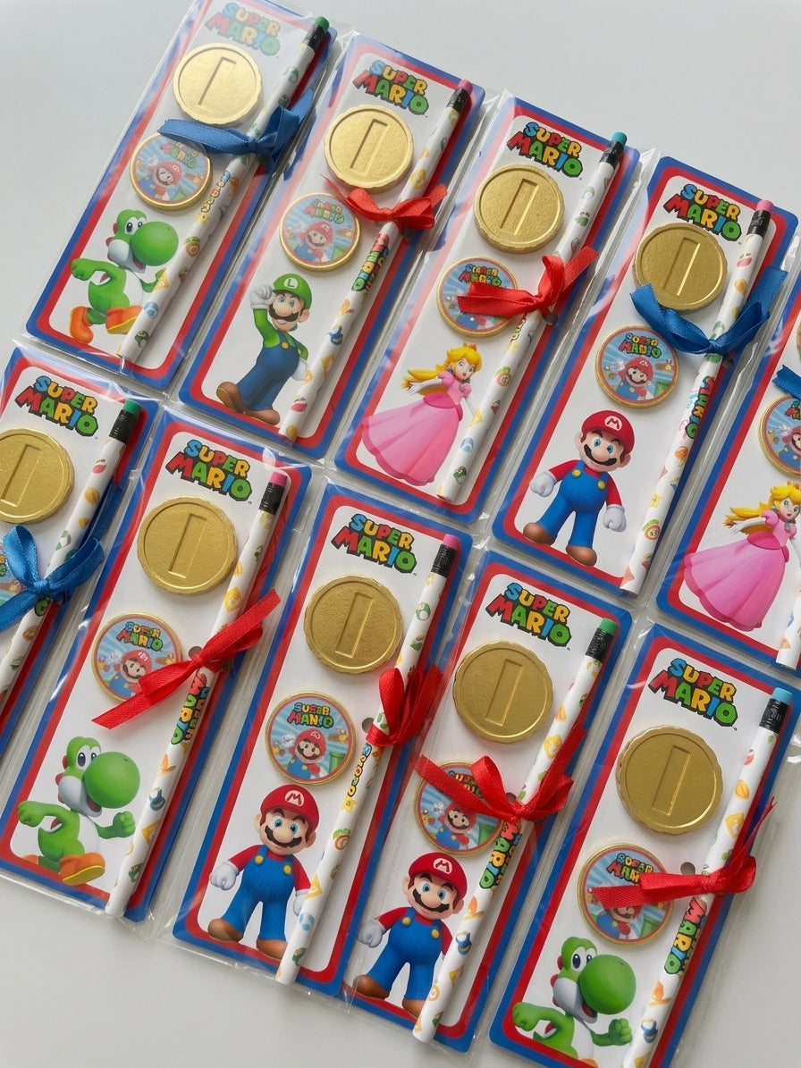 Set Regalini Fine Festa Super Mario – Kit Compleanno Bambini con Matita, Moneta d'Oro