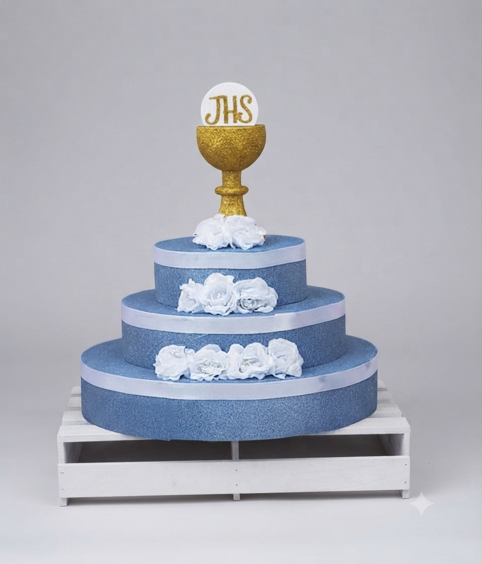 Torta Scenografica in Gomma EVA a Tema Comunione Blu e Oro con Calice - Personalizzabile