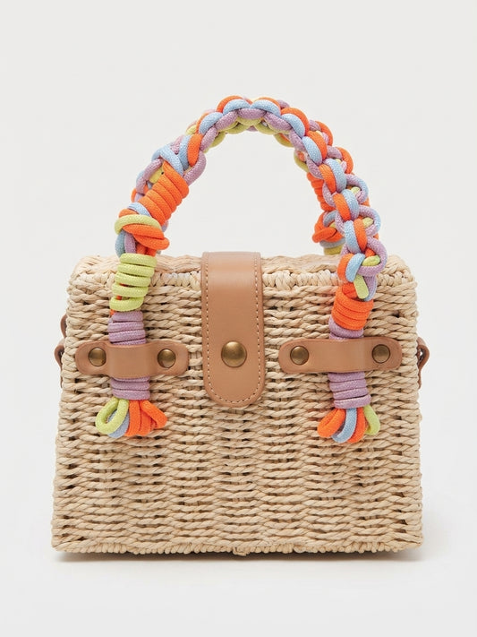 Borsa a Mano Artigianale in Paglia Naturale con Manici Intrecciati Colorati e Dettagli in Ecopelle
