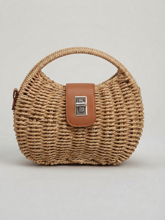 Borsa a Mano Mezzaluna in Paglia Naturale con Manico Integrato e Chiusura in Ecopelle