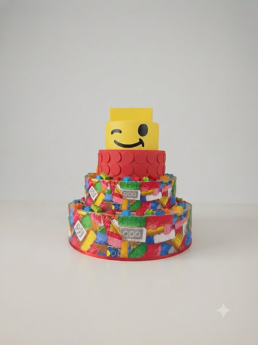 Torta Finta Scenografica a 4 Piani in Gomma EVA - Tema Mattoncini Colorati e Faccina Winking