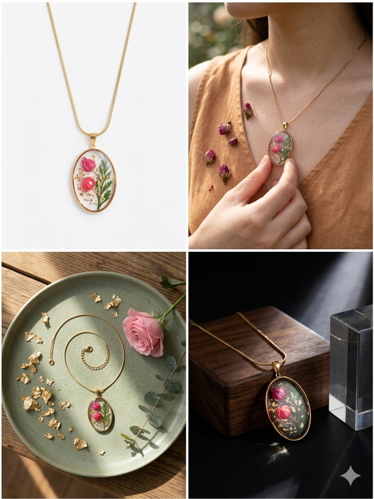 Collana Medaglione Botanico "Rosa Eterna" – Fiori in Resina e Foglia d'Oro