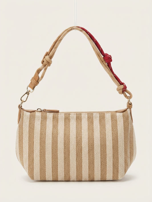 Borsa a Spalla / Pochette Rigida a Righe Verticali in Tessuto con Tracolla Annodata e Dettagli a Catena