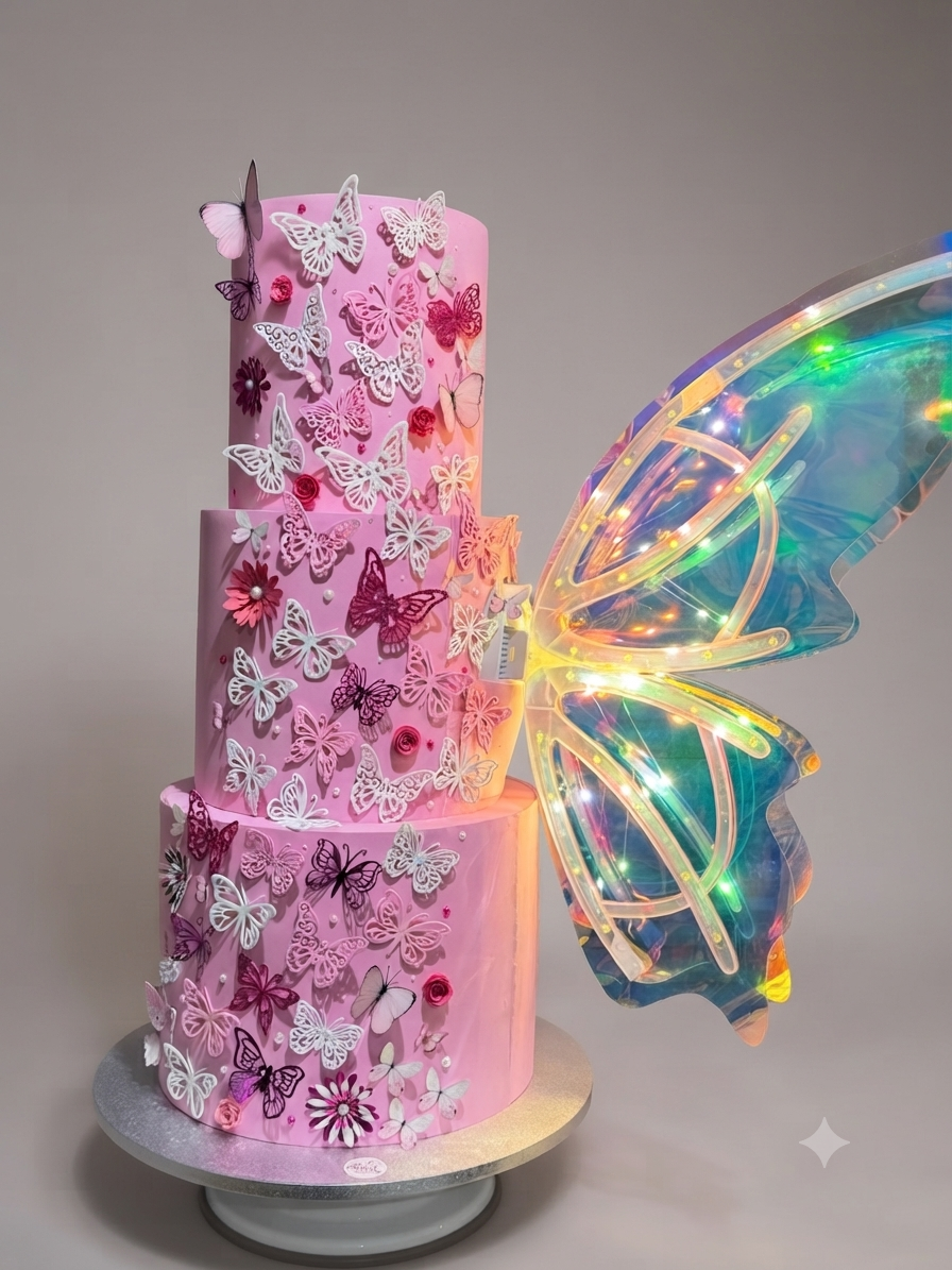 Torta Scenografica a Tre Piani a Tema Farfalle con Ali Luminose - Magica e Fiabesca