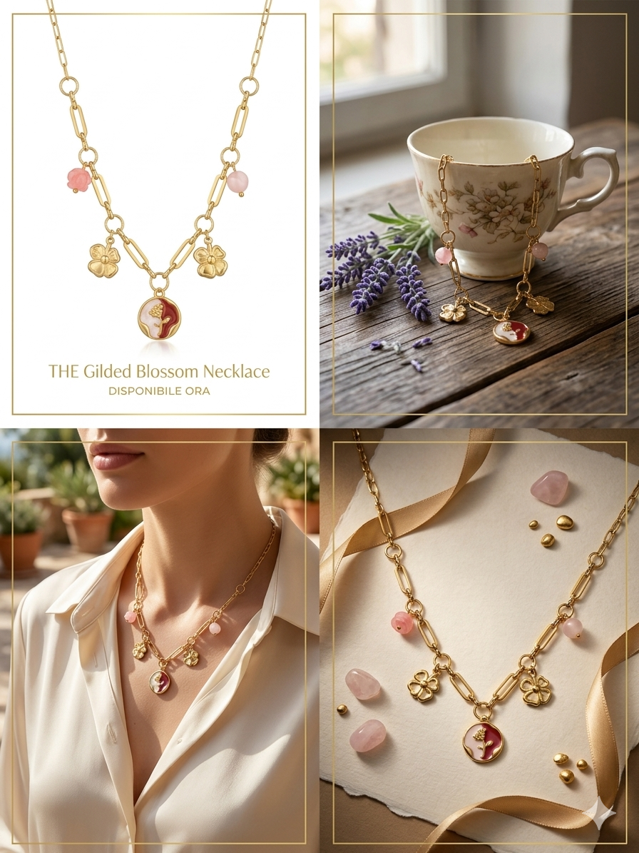 Collana "The Gilded Blossom" – Maglia Link con charm rosa e charm botanici